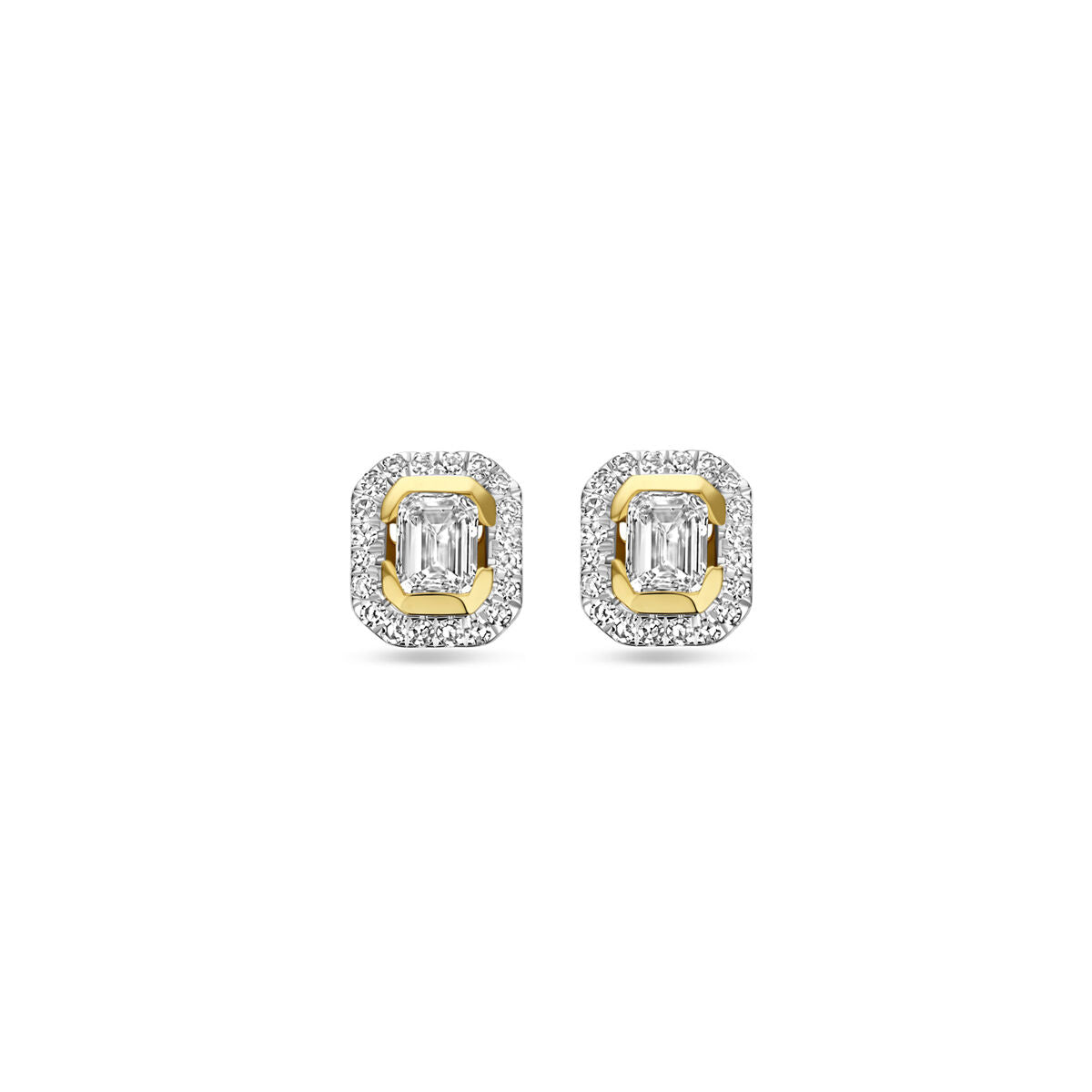 Oorknoppen van 14K geelgoud met een diamant van 0.51ct (2x 0.255ct) en een omlijsting van kleine steentjes, 7 mm.