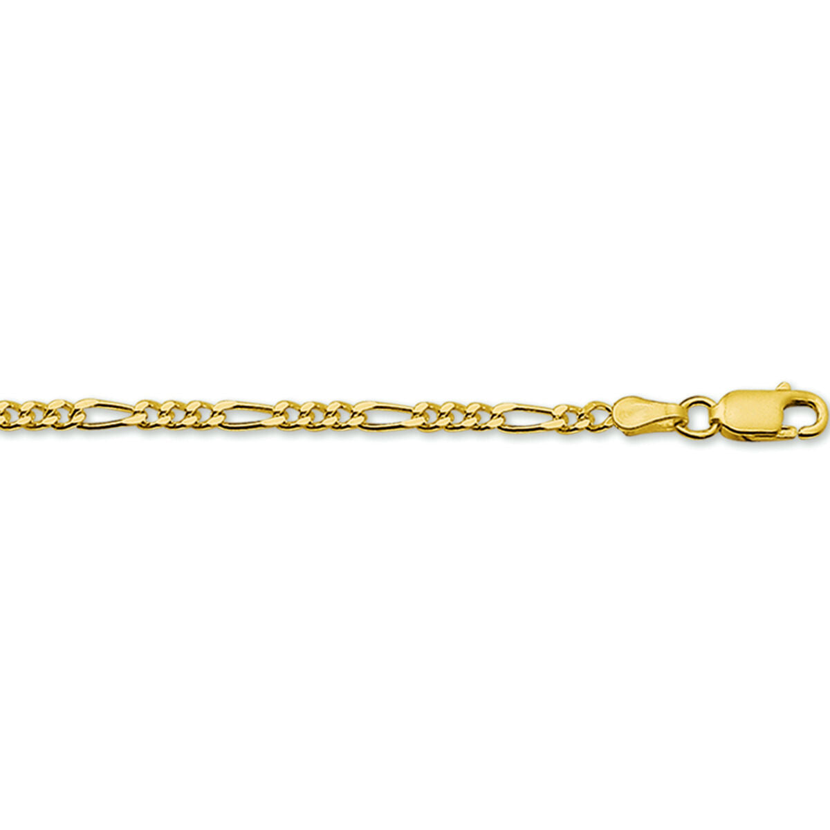 Een close-up van de armband figaro 2,7 mm van Van der Kooij Collectie, een armband met afwisselend lange en korte schakels en een karabijnsluiting, afgebeeld op een witte achtergrond.