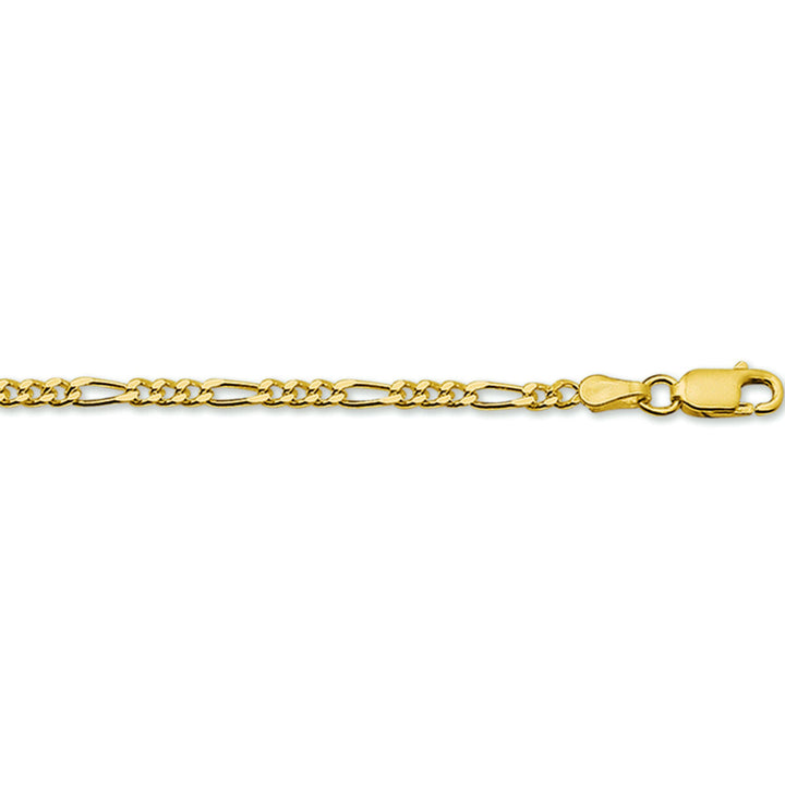 Een close-up van de armband figaro 2,7 mm van Van der Kooij Collectie, een armband met afwisselend lange en korte schakels en een karabijnsluiting, afgebeeld op een witte achtergrond.