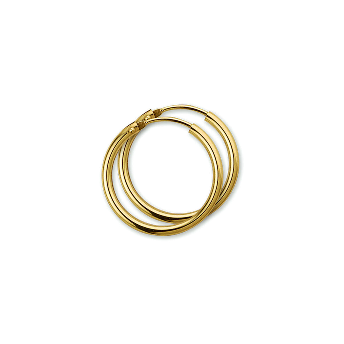Van der Kooij Collectie oorringen 14K geelgoud met een gladde, glanzende afwerking en veilige scharniersluiting, overlappend weergegeven op een witte achtergrond.