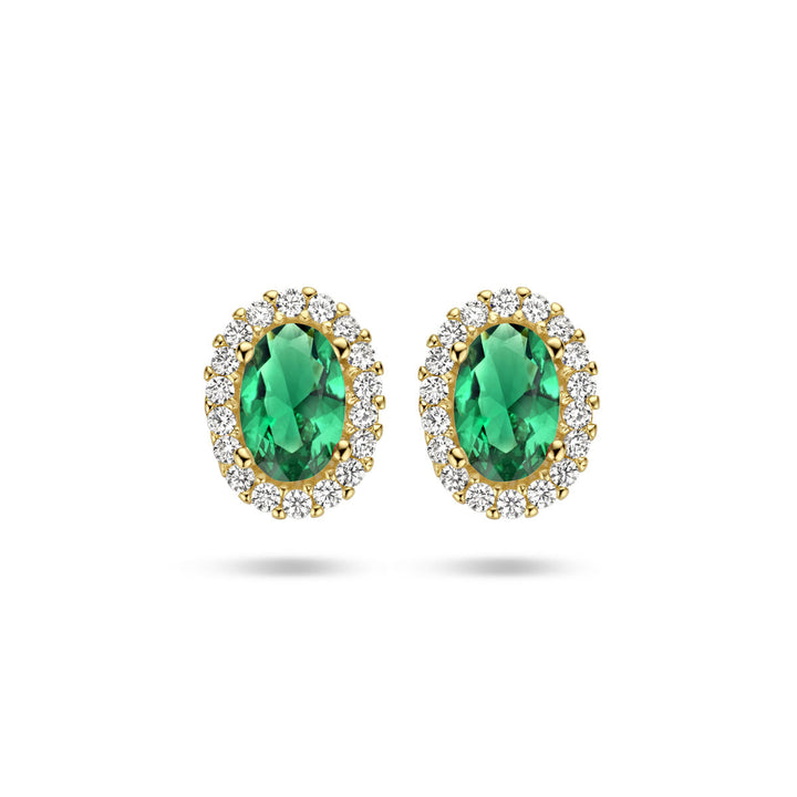 ear studs green and white zirconia halo 14K yellow gold