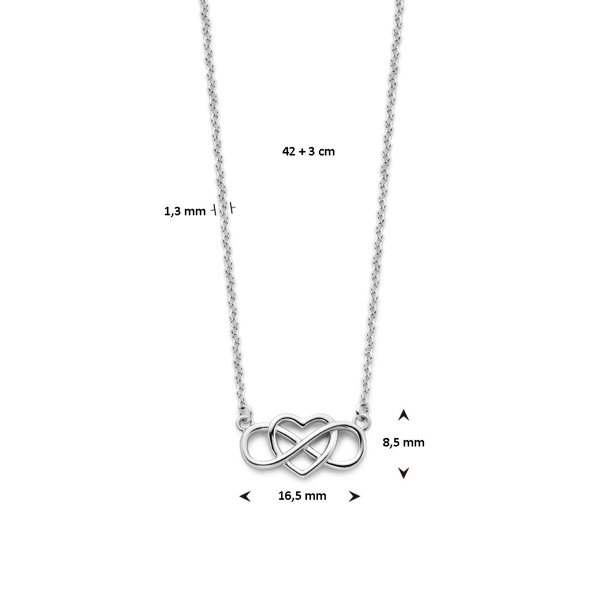 necklace heart and infinity 42 + 3 cm silver rhodium plated