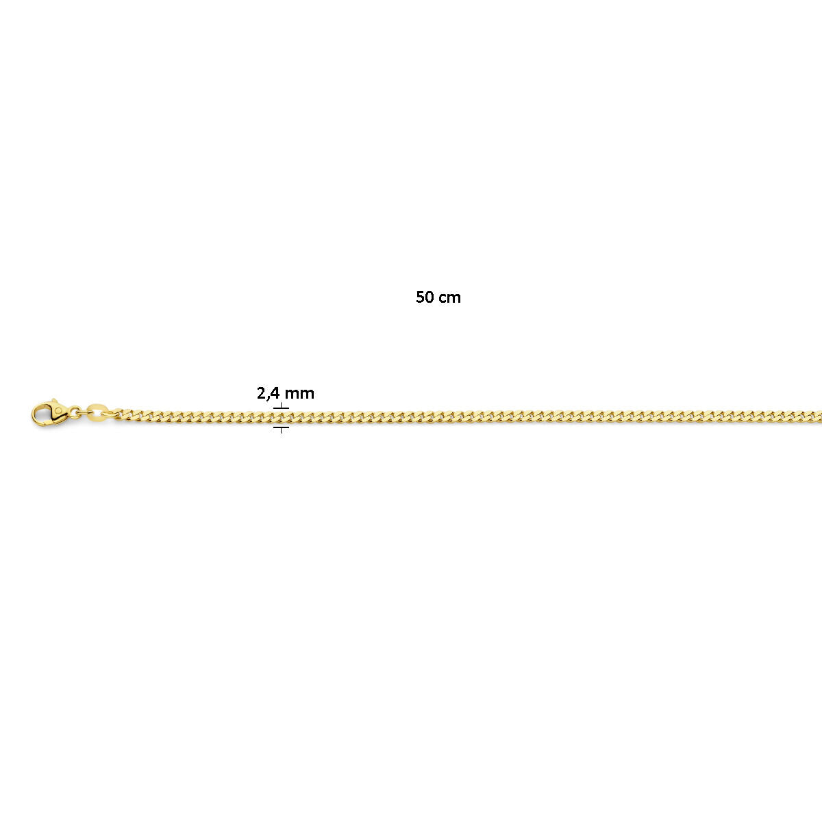 Van der Kooij Collectie gourmette 4-zijdes geslepen heren ketting, massief 14K geelgoud, 50 cm lang en 2,4 mm breed; horizontaal afgebeeld met de sluiting links.