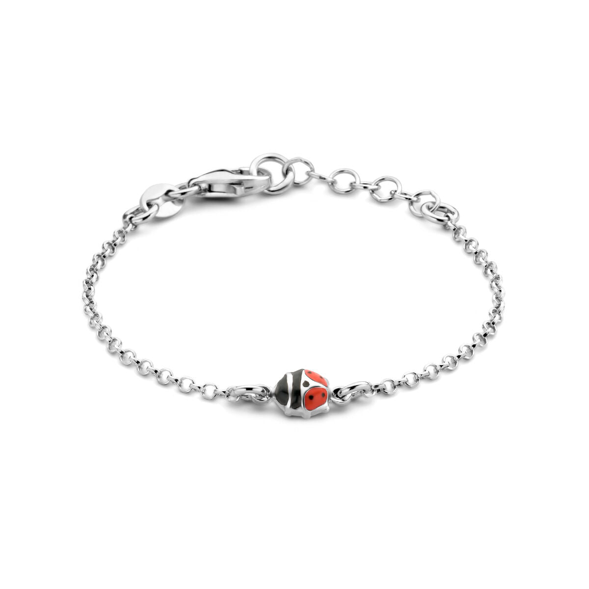 Zilveren gerhodineerde armband van 11 + 2 cm met een lieveheersbeestje als opvallend detail.