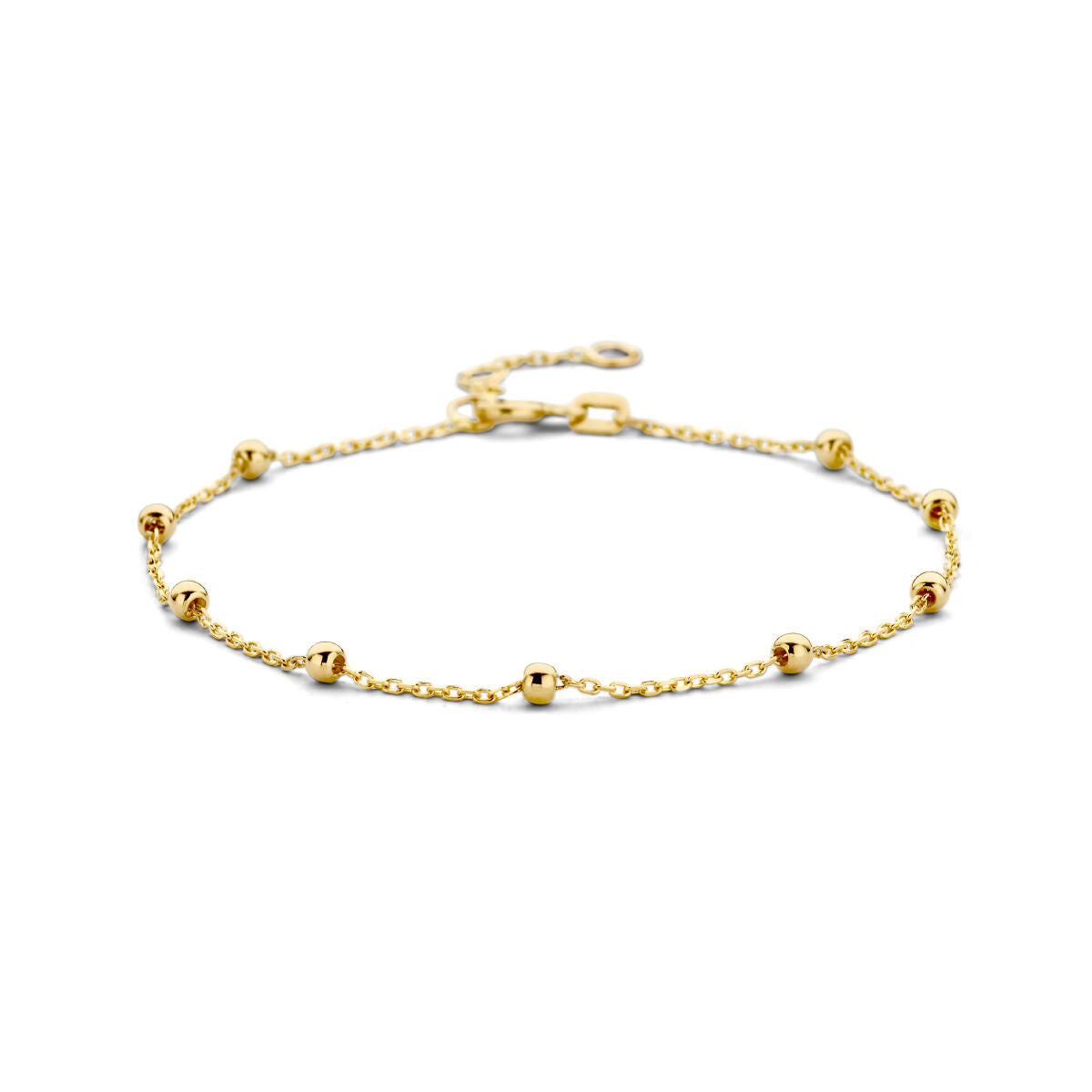 Armband van 14K geelgoud met bolletjes van 2,5 mm, verstelbaar van 16 tot 19 cm.