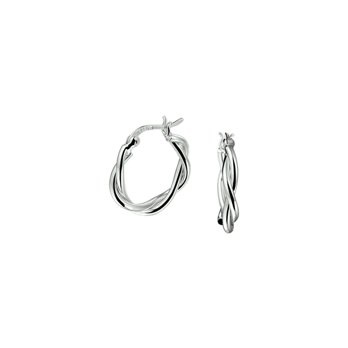 Een paar Van der Kooij Collectie oorringen gedraaide buis zilver gerhodineerd met een gedraaid, gevlochten design en scharniersluiting, tegen een effen witte achtergrond.