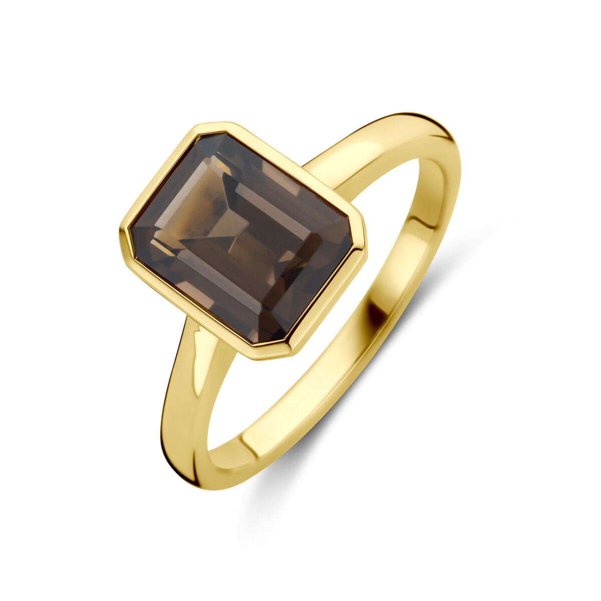 De Van der Kooij Collectie ring rookkwarts 14K geelgoud heeft een rechthoekige rookkwarts in een moderne bezelzetting op een effen gouden band, weergegeven tegen een witte achtergrond.
