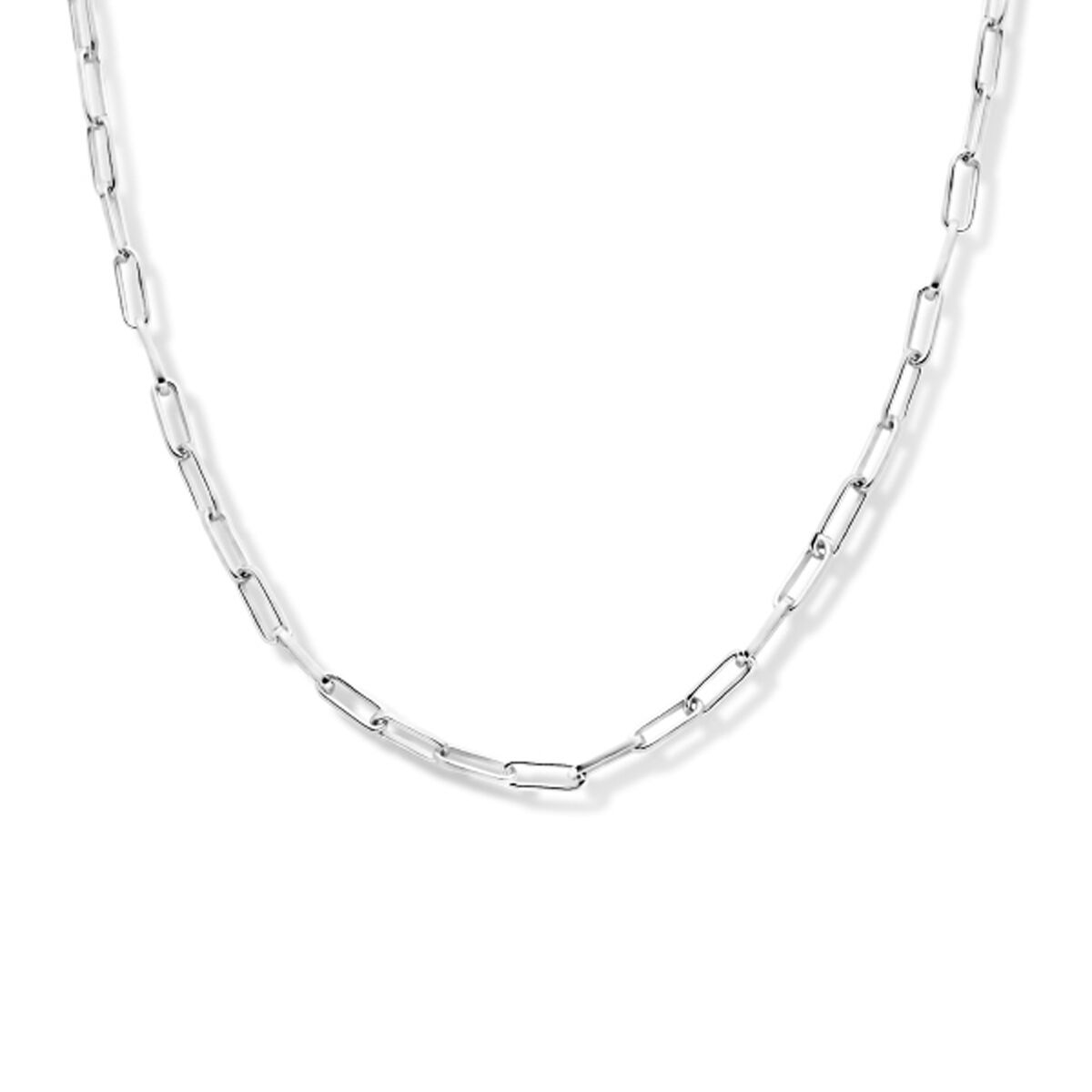 Zilveren gerhodineerde paperclip ketting met vierkante buisvormige schakels.