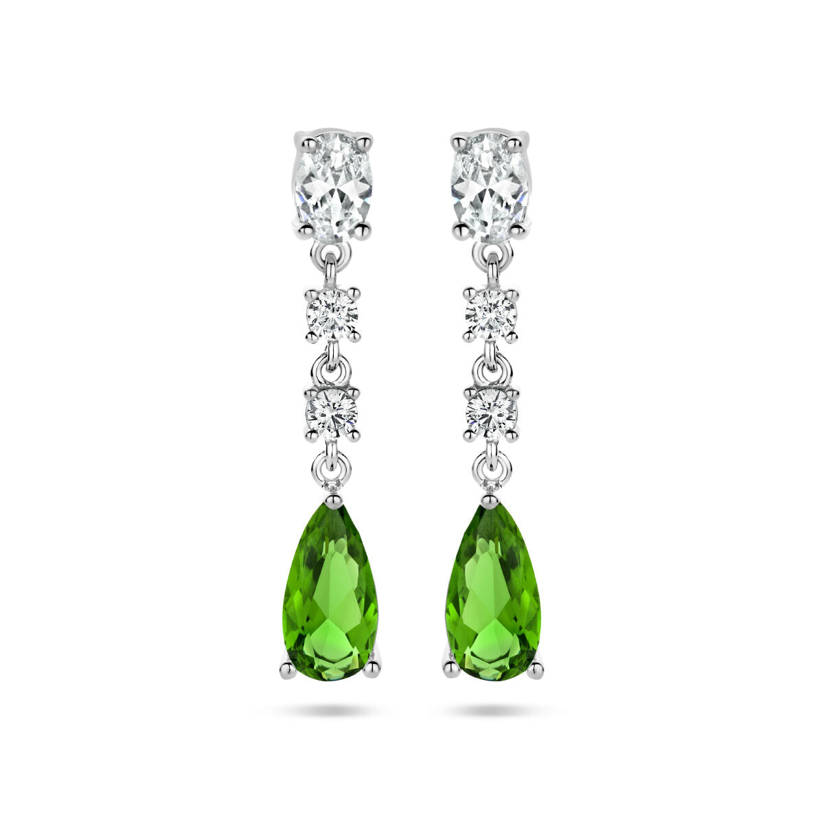 Oorhangers met witte en groene zirkonia, zilver gerhodineerd, met een druppelvormige groene steen.