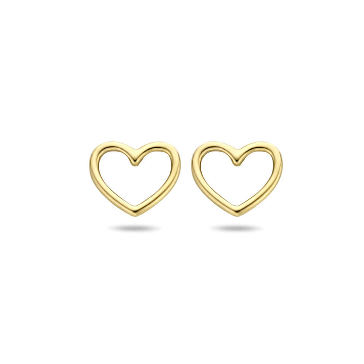 Een paar Van der Kooij Collectie oorknoppen hart 14K geelgoud, met een eenvoudige gouden hart omlijning, ideaal voor liefhebbers van geelgouden sieraden en afgebeeld op een witte achtergrond.