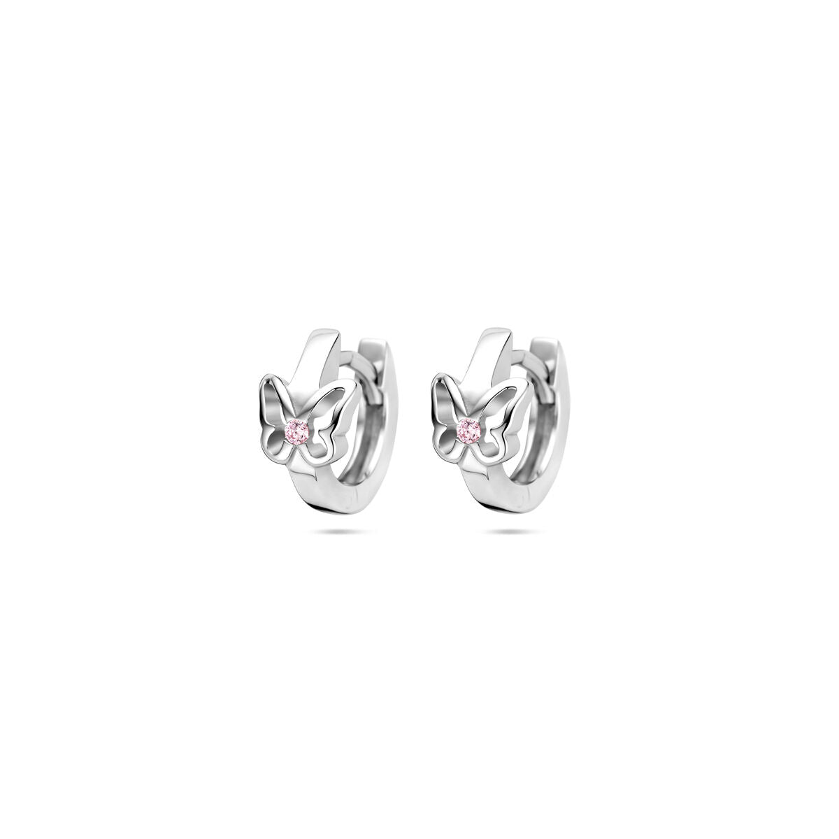 Zilveren klapoorringen met vlinderontwerp en roze steentjes, gerhodineerd en 10,5 mm groot.