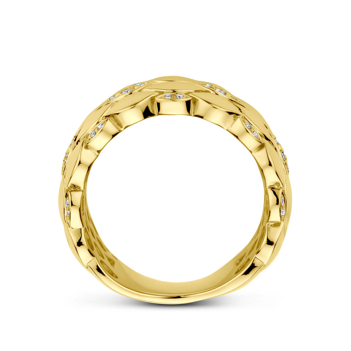 Een 14K geelgouden damesring uit de Van der Kooij Collectie, met 0,17ct H SI diamanten en een geometrisch textuurdesign, getoond recht van voren tegen een witte achtergrond.