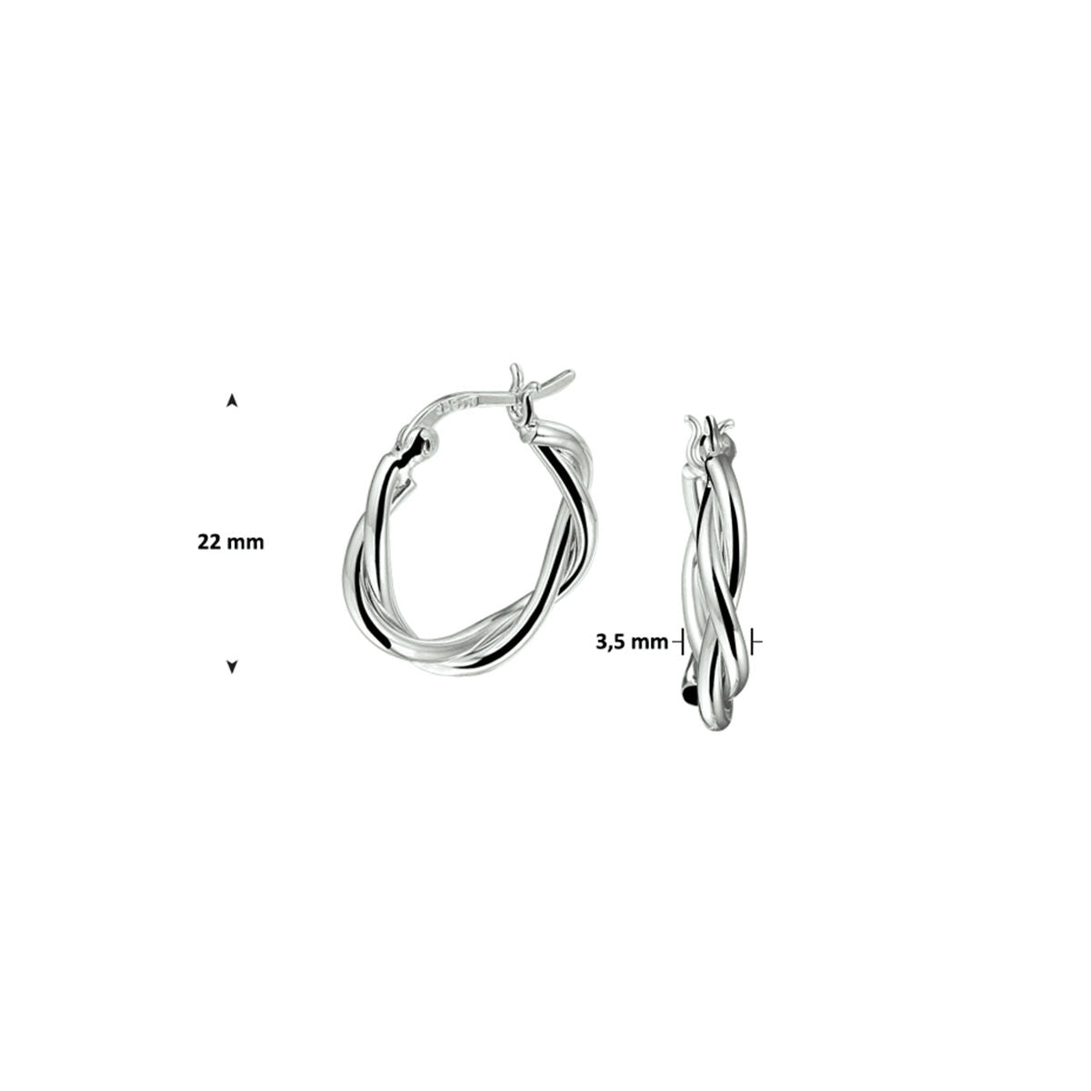Twee Van der Kooij Collectie oorringen gedraaide buis zilver gerhodineerd met scharniersluiting zijn afgebeeld op een witte achtergrond, met een hoogte van 22 mm en een breedte van 3,5 mm - stijlvolle dames oorbellen voor elke gelegenheid.