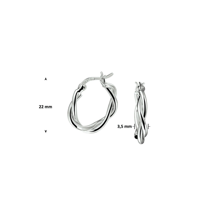 Twee Van der Kooij Collectie oorringen gedraaide buis zilver gerhodineerd met scharniersluiting zijn afgebeeld op een witte achtergrond, met een hoogte van 22 mm en een breedte van 3,5 mm - stijlvolle dames oorbellen voor elke gelegenheid.