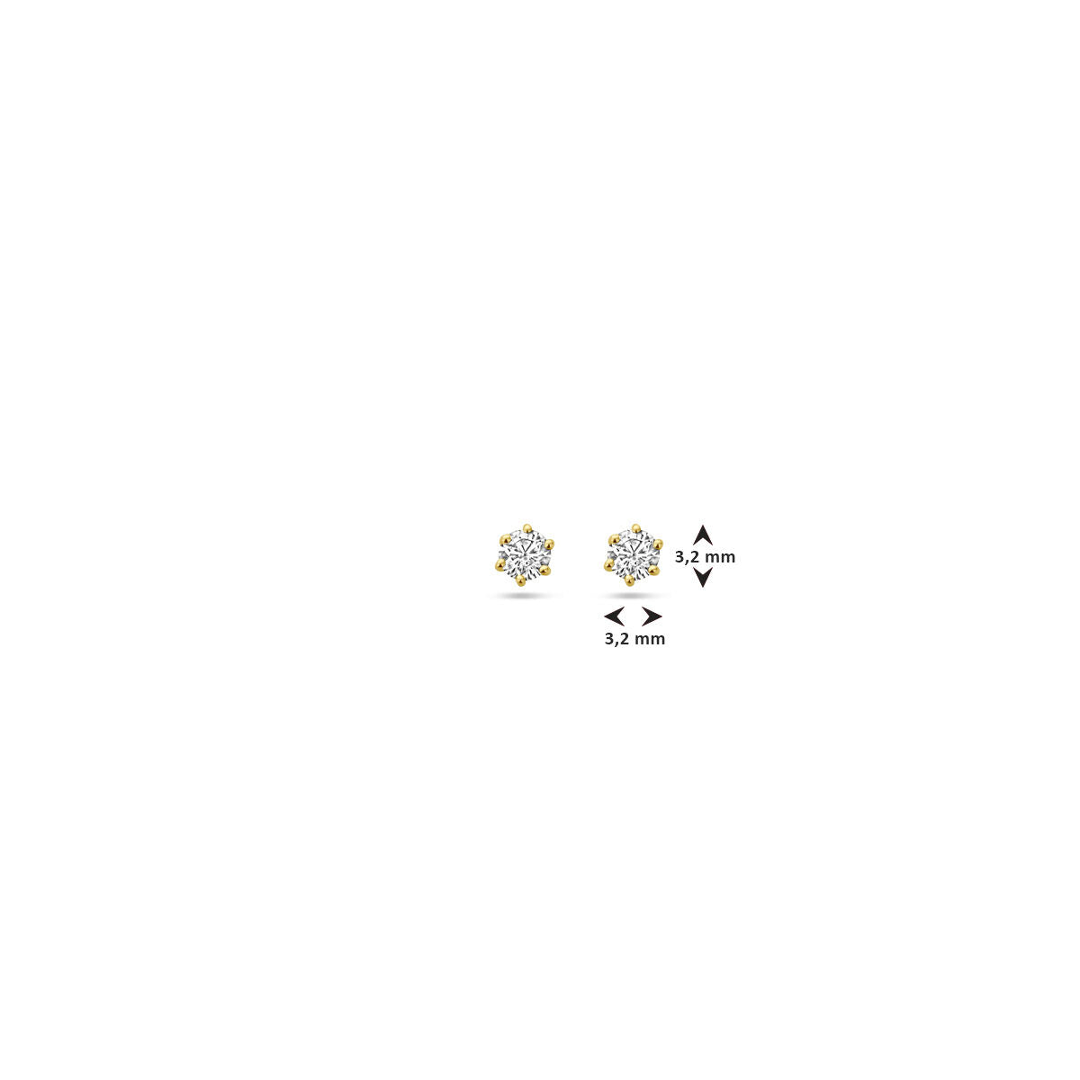 Een paar oorknoppen diamant H SI 14K geelgoud van Van der Kooij Collectie zijn afgebeeld op een witte achtergrond, elk van 3,2 mm x 3,2 mm, met zwarte pijlen die de afmetingen aangeven.