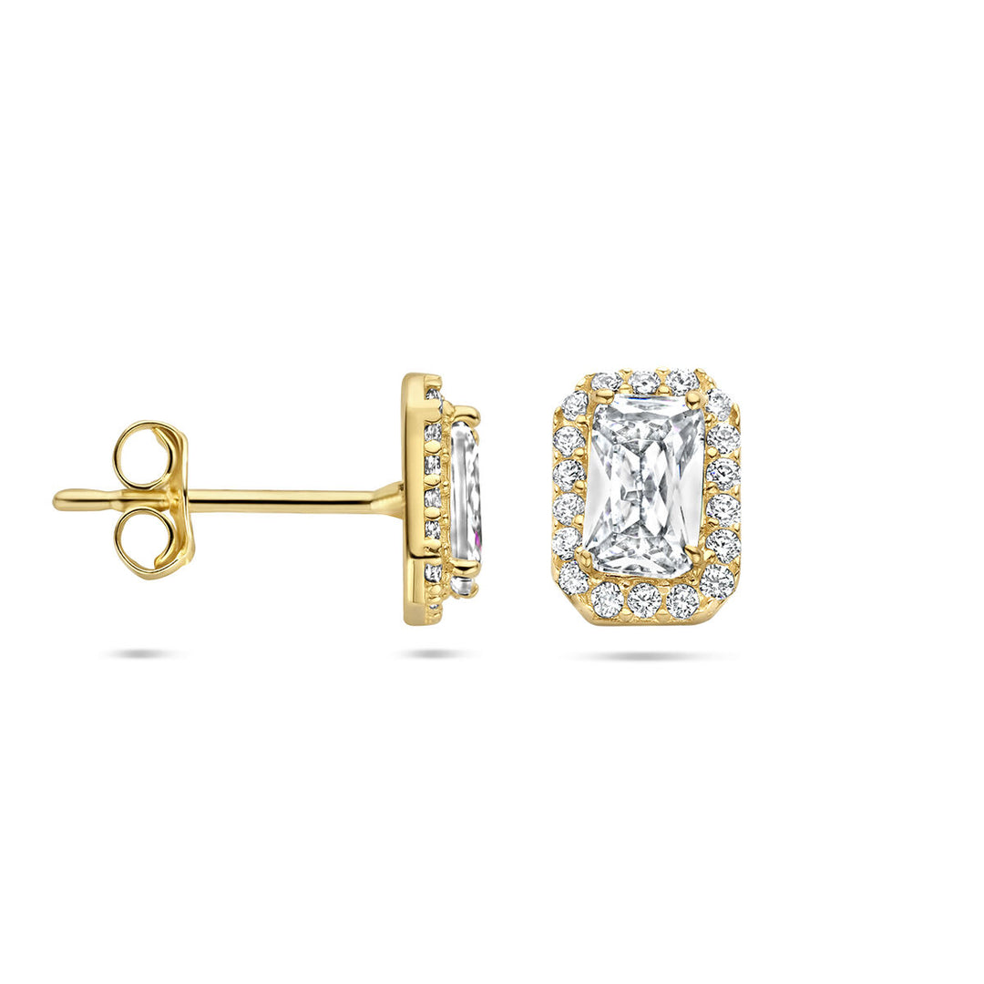 oorknoppen zirkonia halo 14K geelgoud