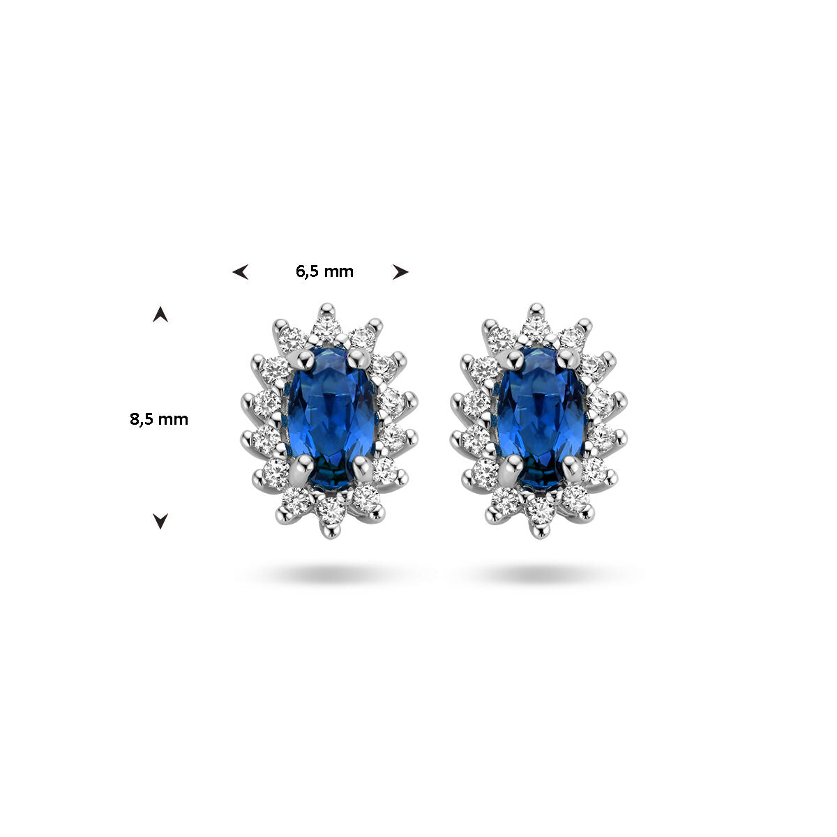 oorknoppen synth. saffier en zirkonia halo zilver gerhodineerd
