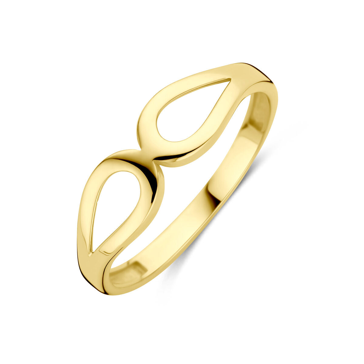 Ring van 14K geelgoud met een vloeiende, dubbele druppelvorm.