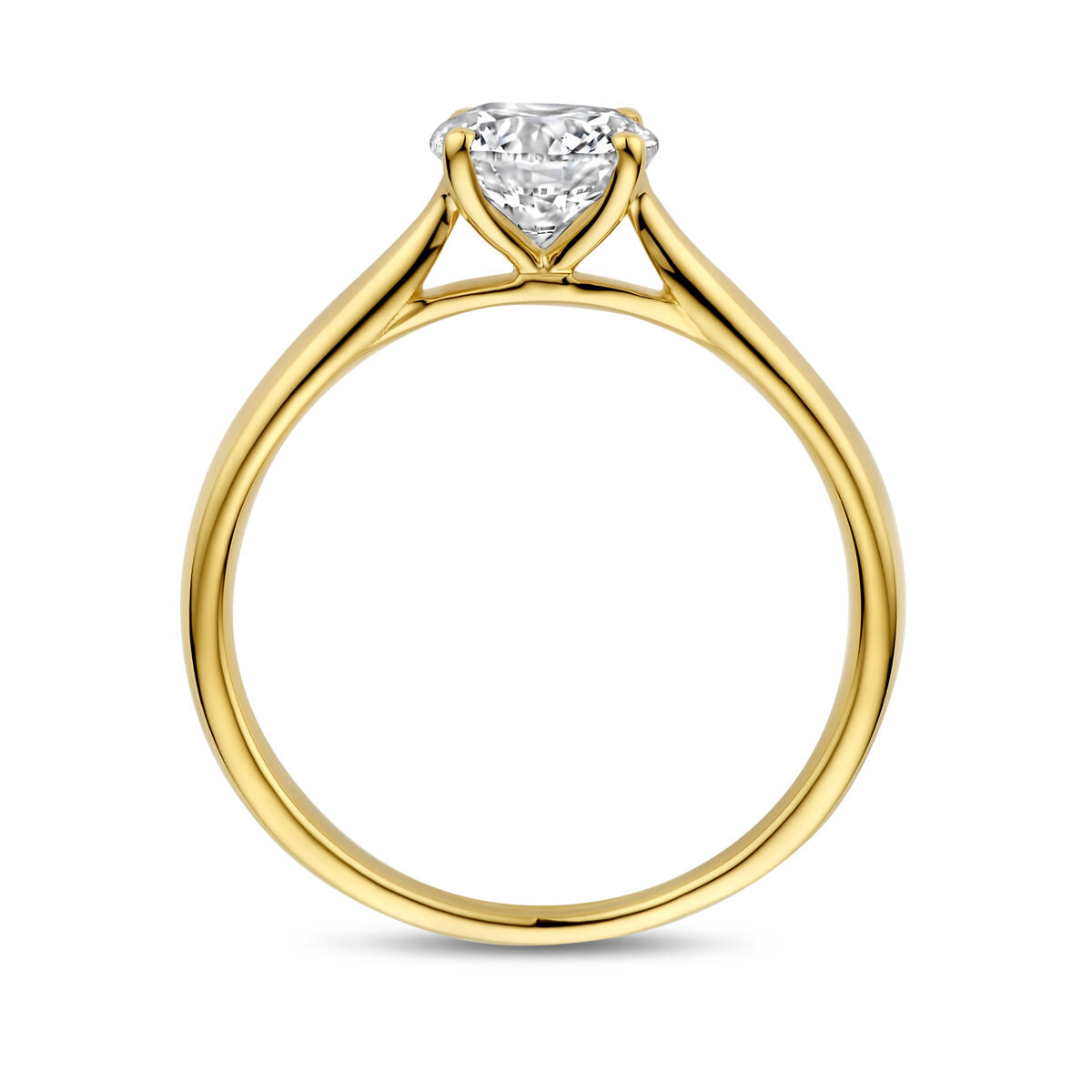 De Van der Kooij Collectie ring lab grown diamant 1.0ct h si in 14K geelgoud heeft een ronde, prong-zet labdiamant met slanke band en elegante zetting onder de fonkelende steen, zichtbaar vanaf de zijkant.