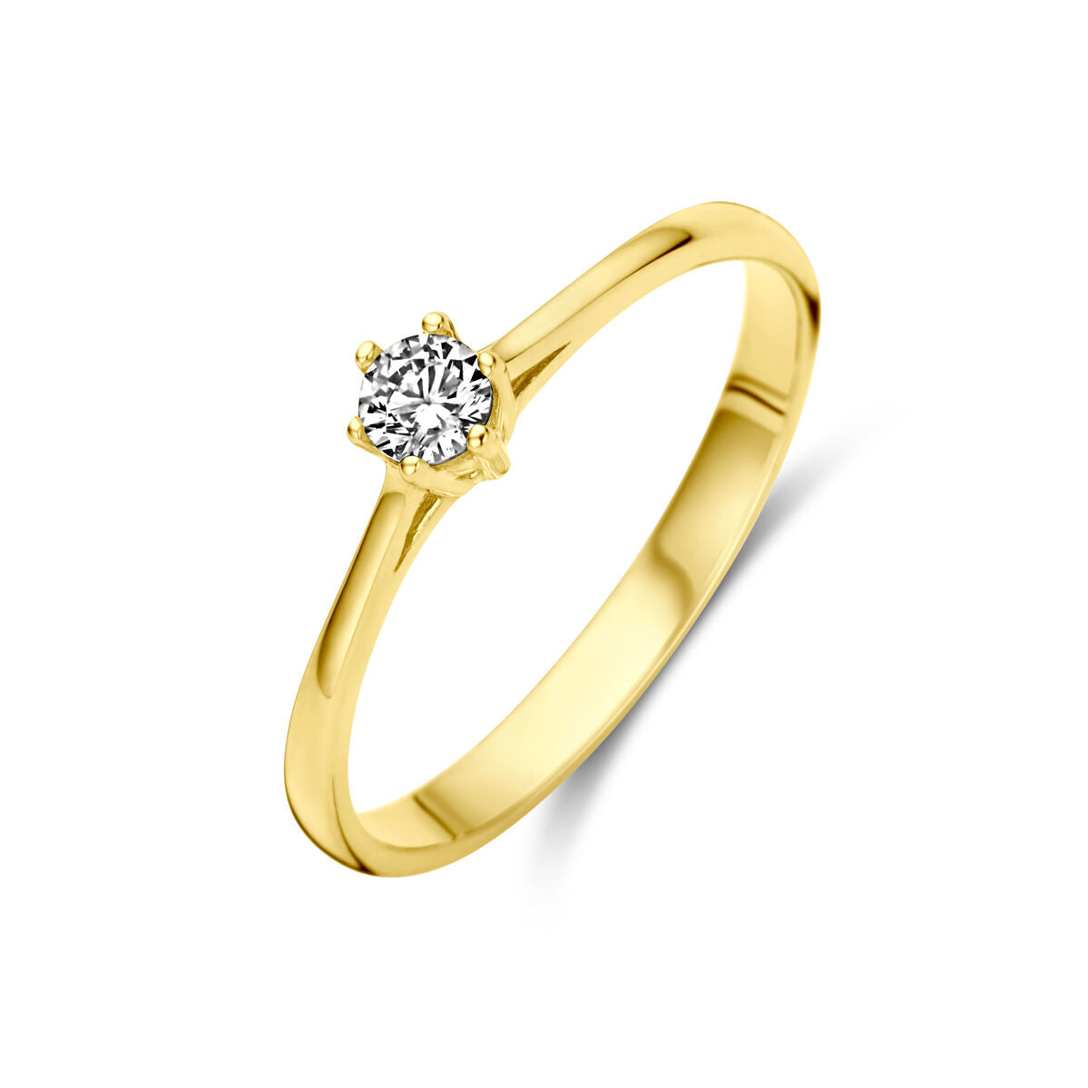 De ring zirkonia 14K geelgoud van Van der Kooij Collectie is een elegante gouden ring met één zirkonia in een klassieke zetting, weergegeven op een witte achtergrond.