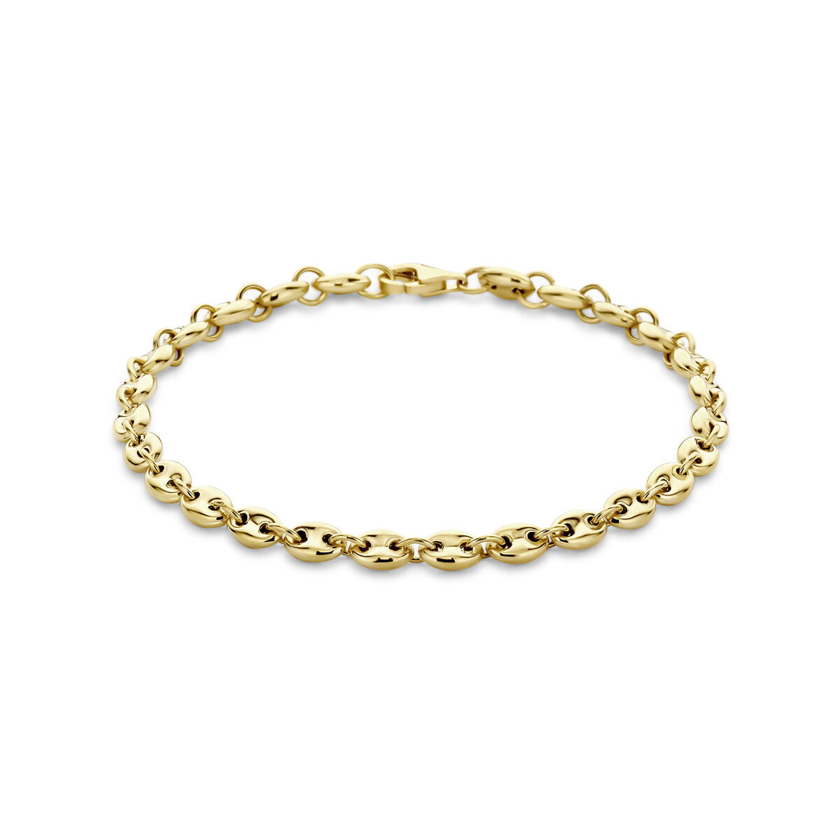 Armband van 14K geelgoud met koffieboon schakels, 4,2 mm breed en 18 cm lang.