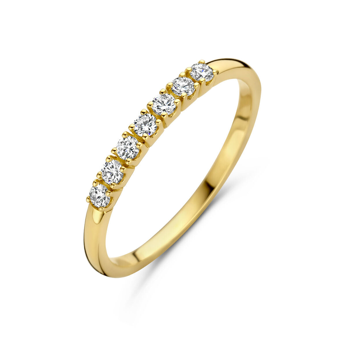 Geelgouden memoire ring met zeven briljant geslepen diamanten van 0.21 ct in een rechte zetting.