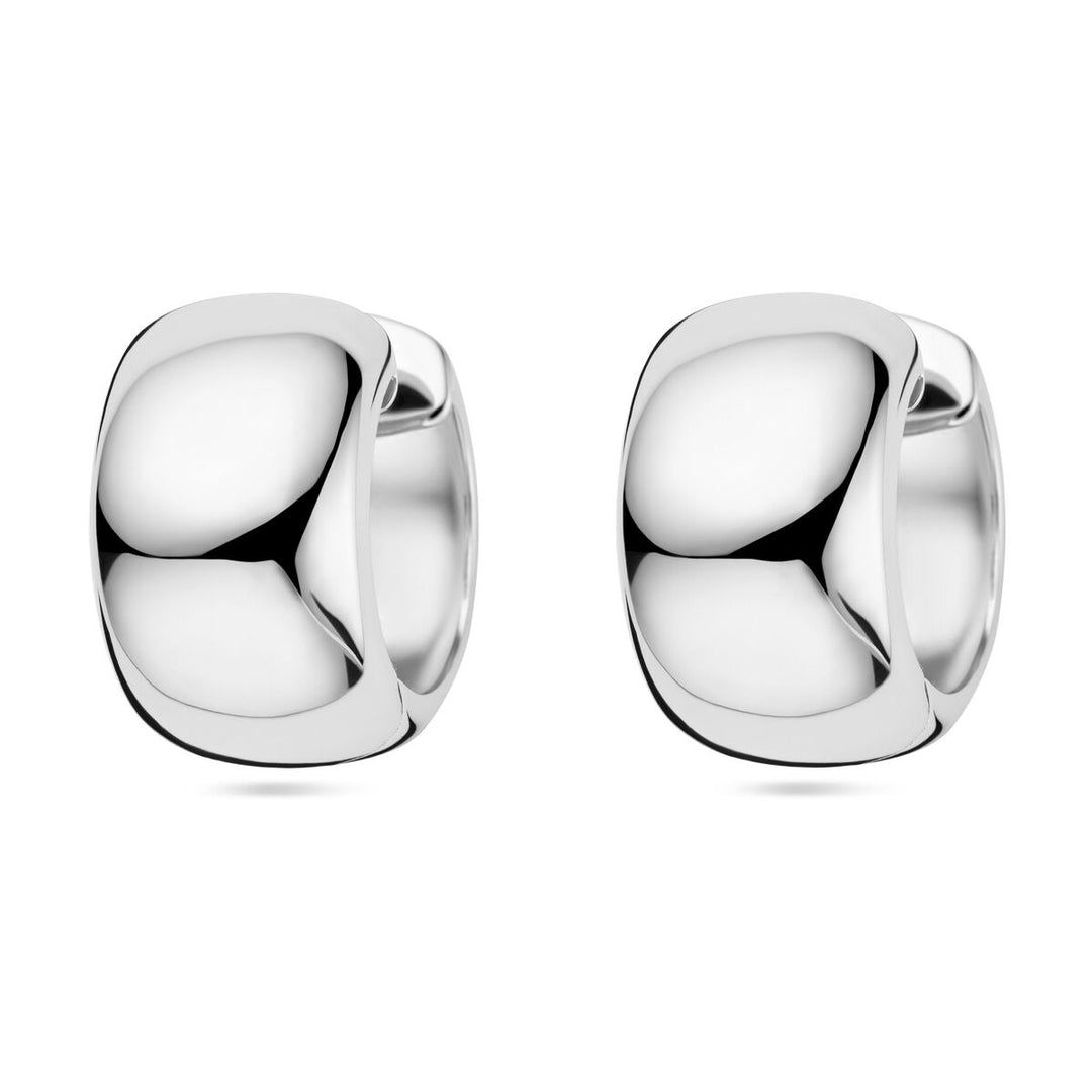 Een paar stevige, gepolijste klapoorringen zilver gerhodineerd van Van der Kooij Collectie met een glad, afgerond oppervlak, weergegeven op een witte achtergrond - perfect voor tijdloze elegantie in jouw dames sieraden collectie.