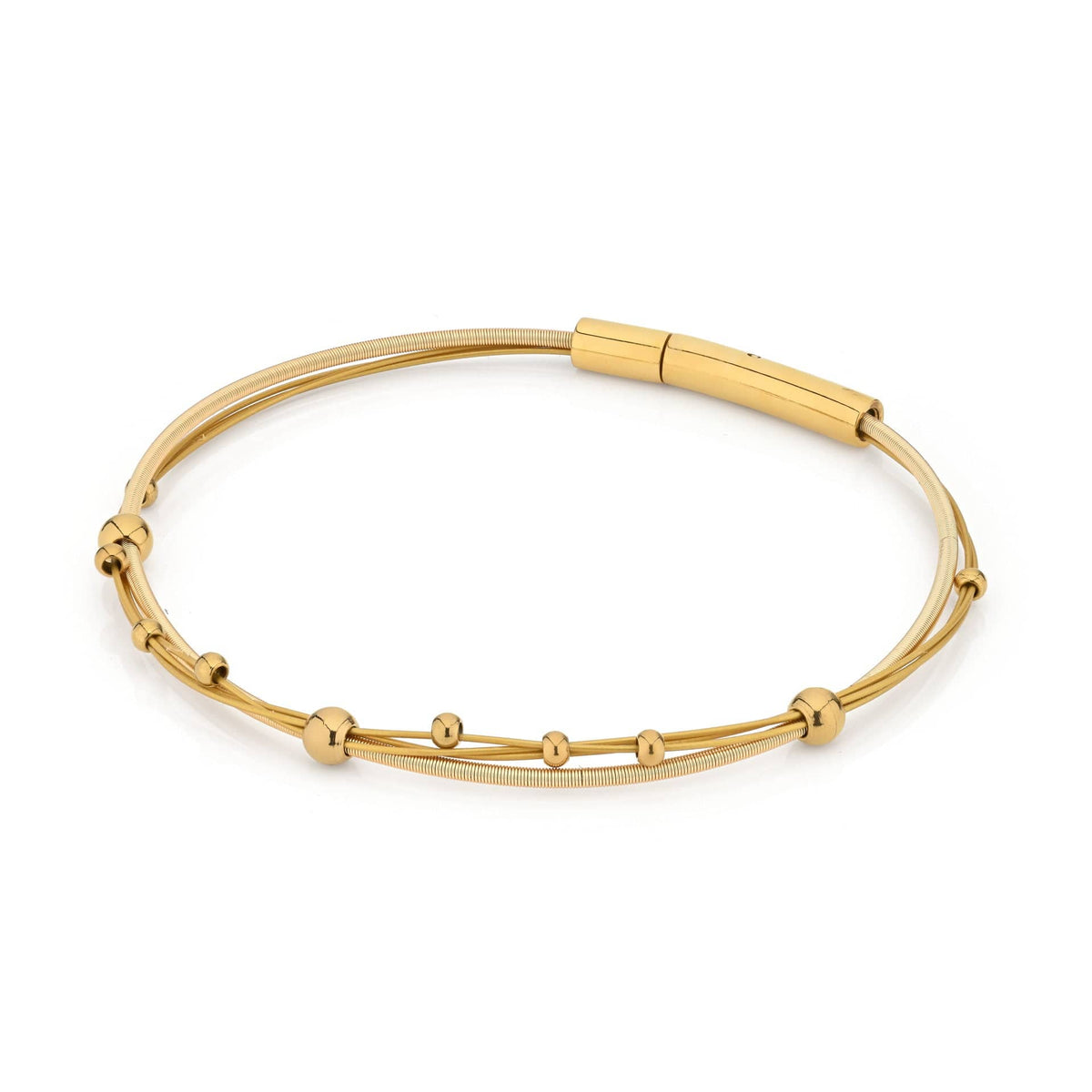 Gouden armband met speelse bolletjes en een strakke, flexibele band.