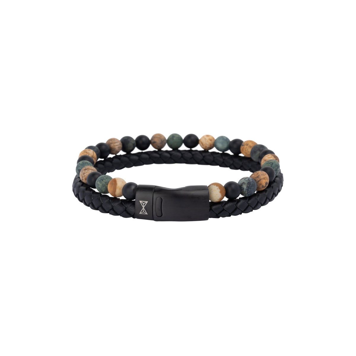 Zwarte leren armband met gevlochten design en gekleurde natuurstenen kralen.