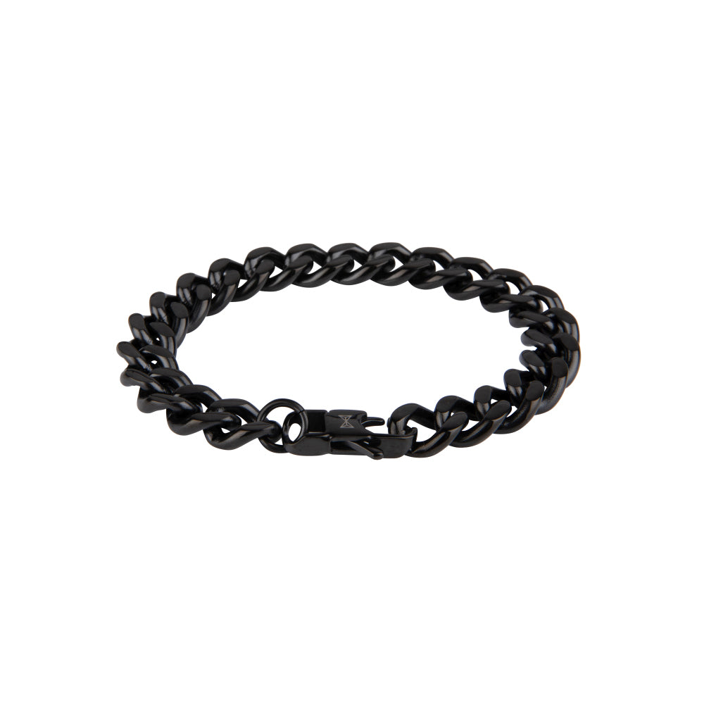 Zwarte gourmette armband van plat schakelmateriaal met een stevige sluiting.