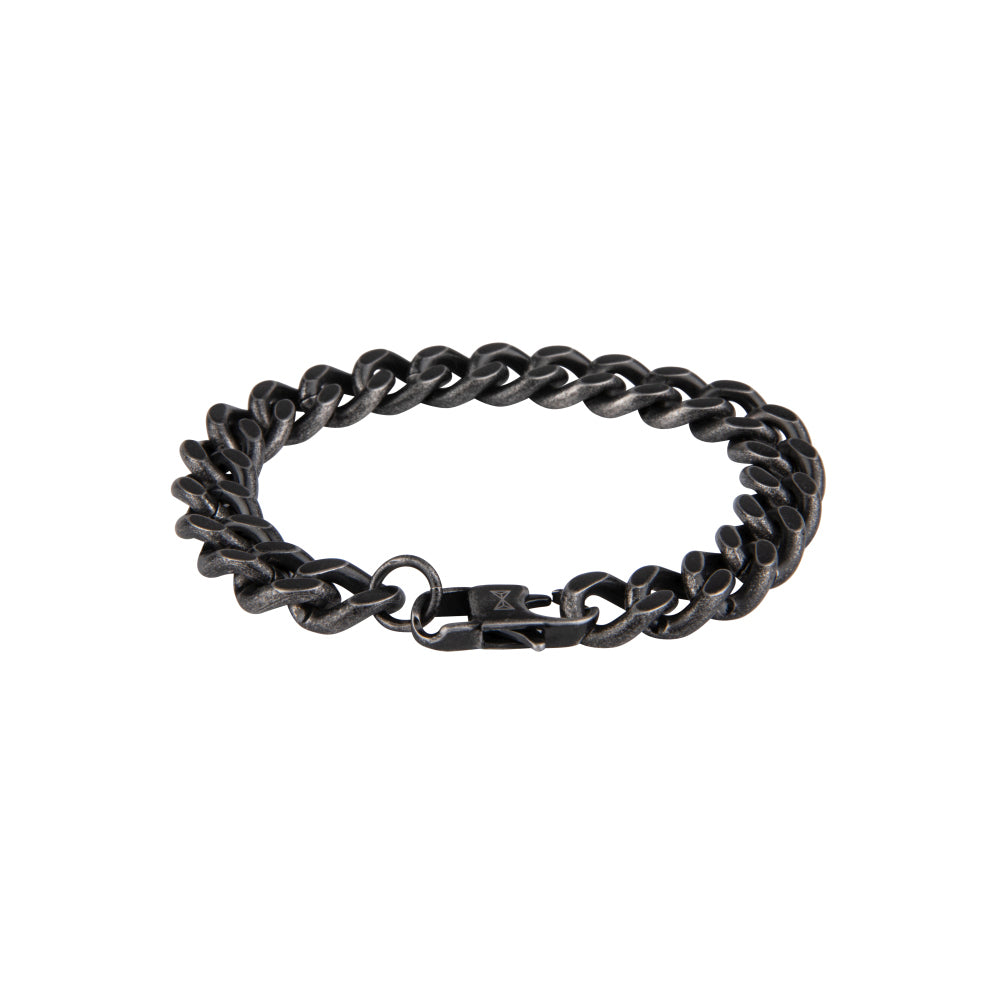 Antieke gourmette armband in zwart met een volle platte schakel en een stevige sluiting.