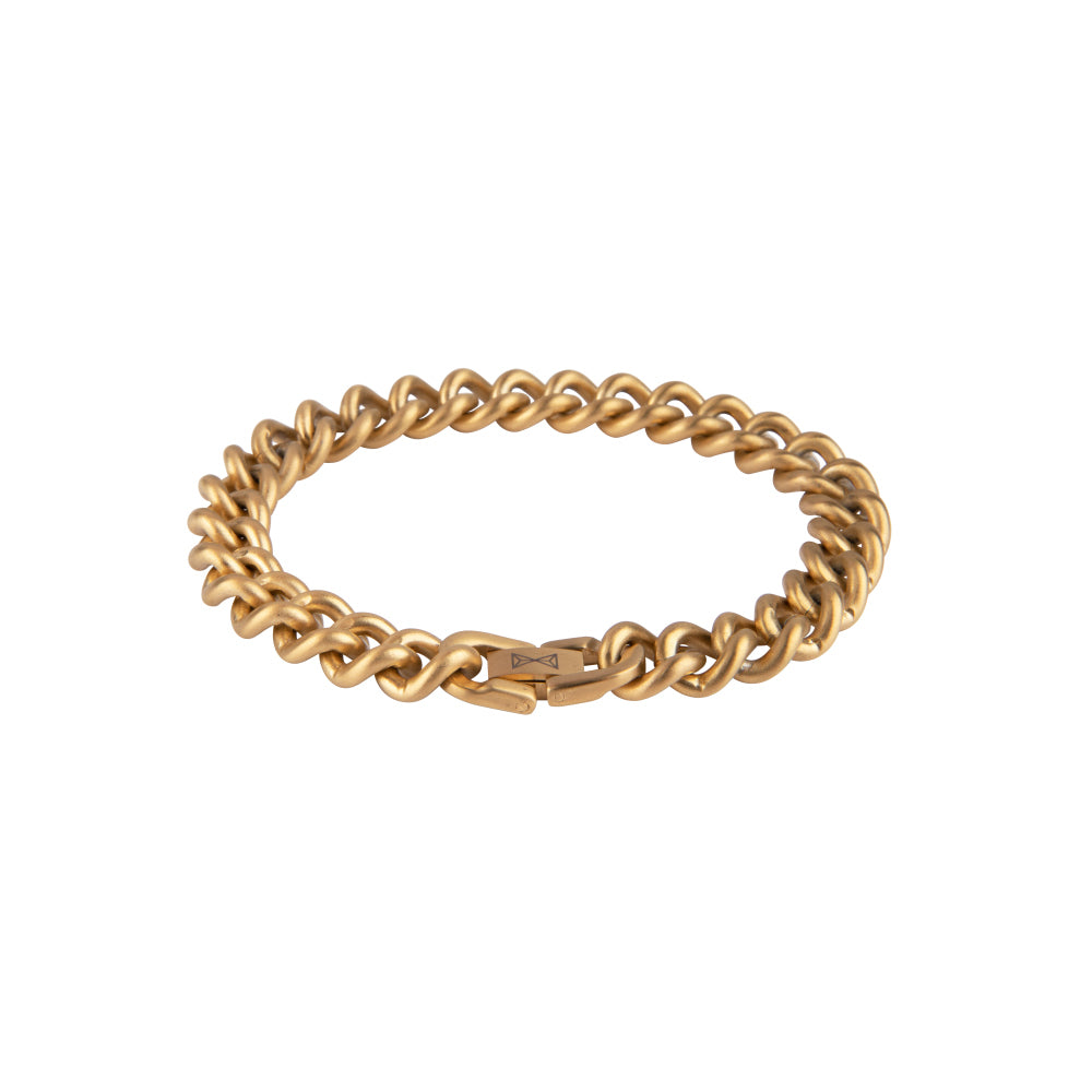Gouden gourmette armband met een satijnen afwerking en een stevige sluiting.
