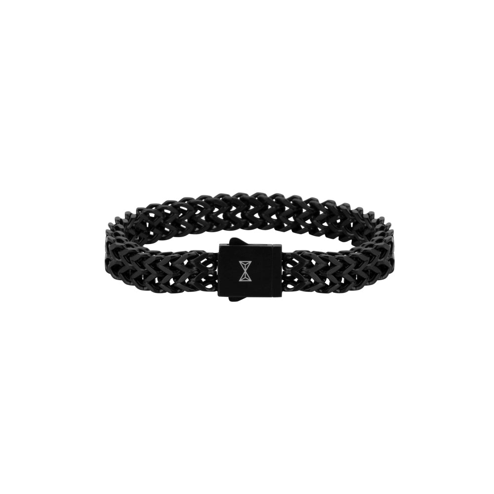 Stalen heren armband in zwart met gevlochten ontwerp en een stevige sluiting.