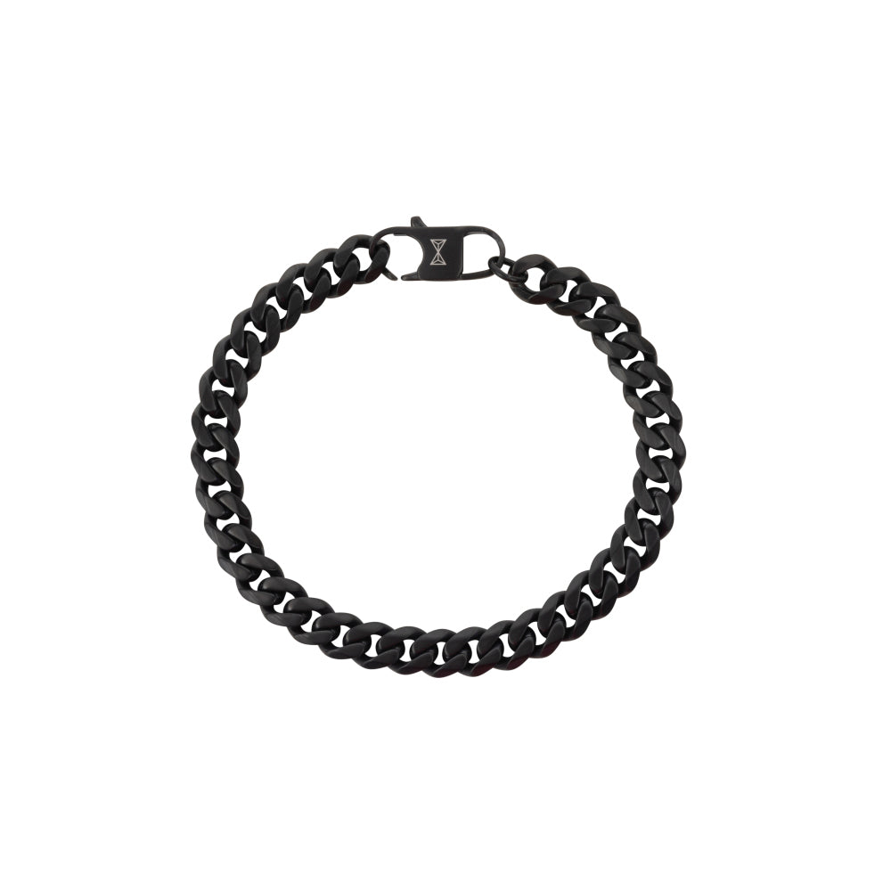 Zwarte gourmette armband van schakels met een sluiting.