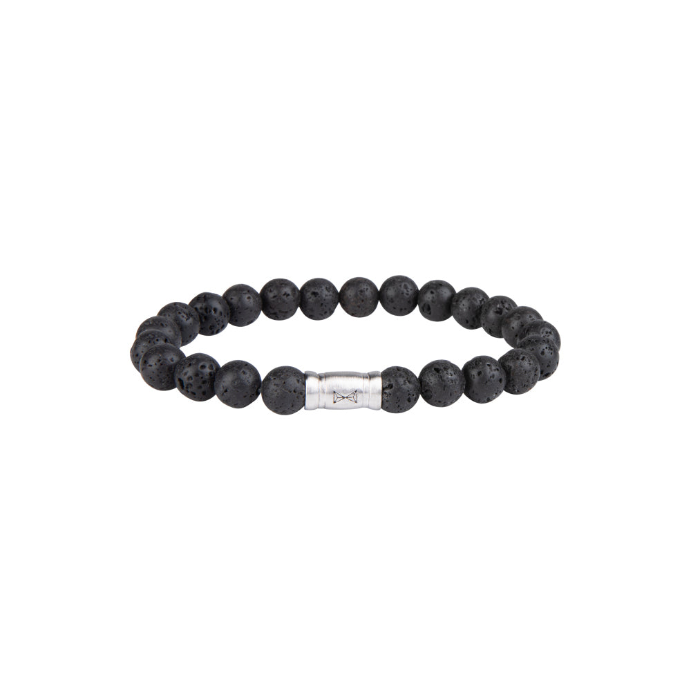 Zwarte armband van 8 mm met lava stenen en een zilveren tussenstuk.