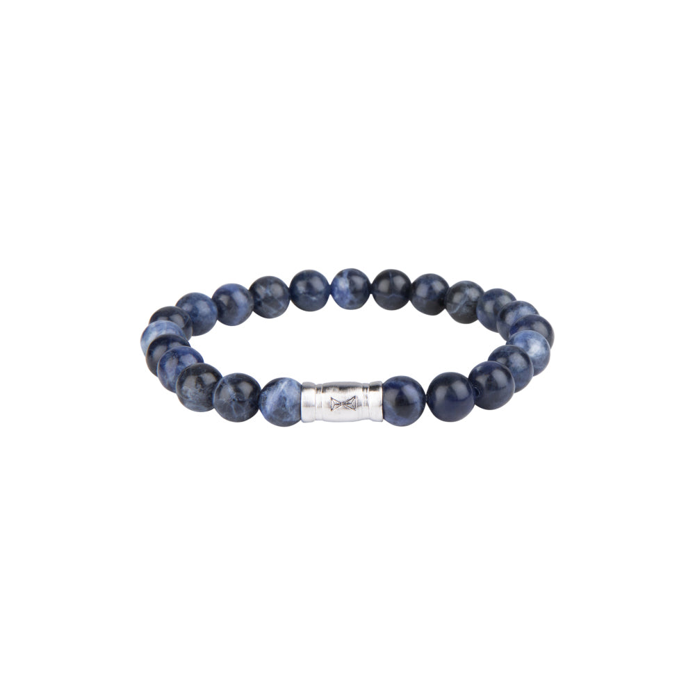 Blauwe kralen armband voor heren van 8 mm met een zilveren tussenstuk.