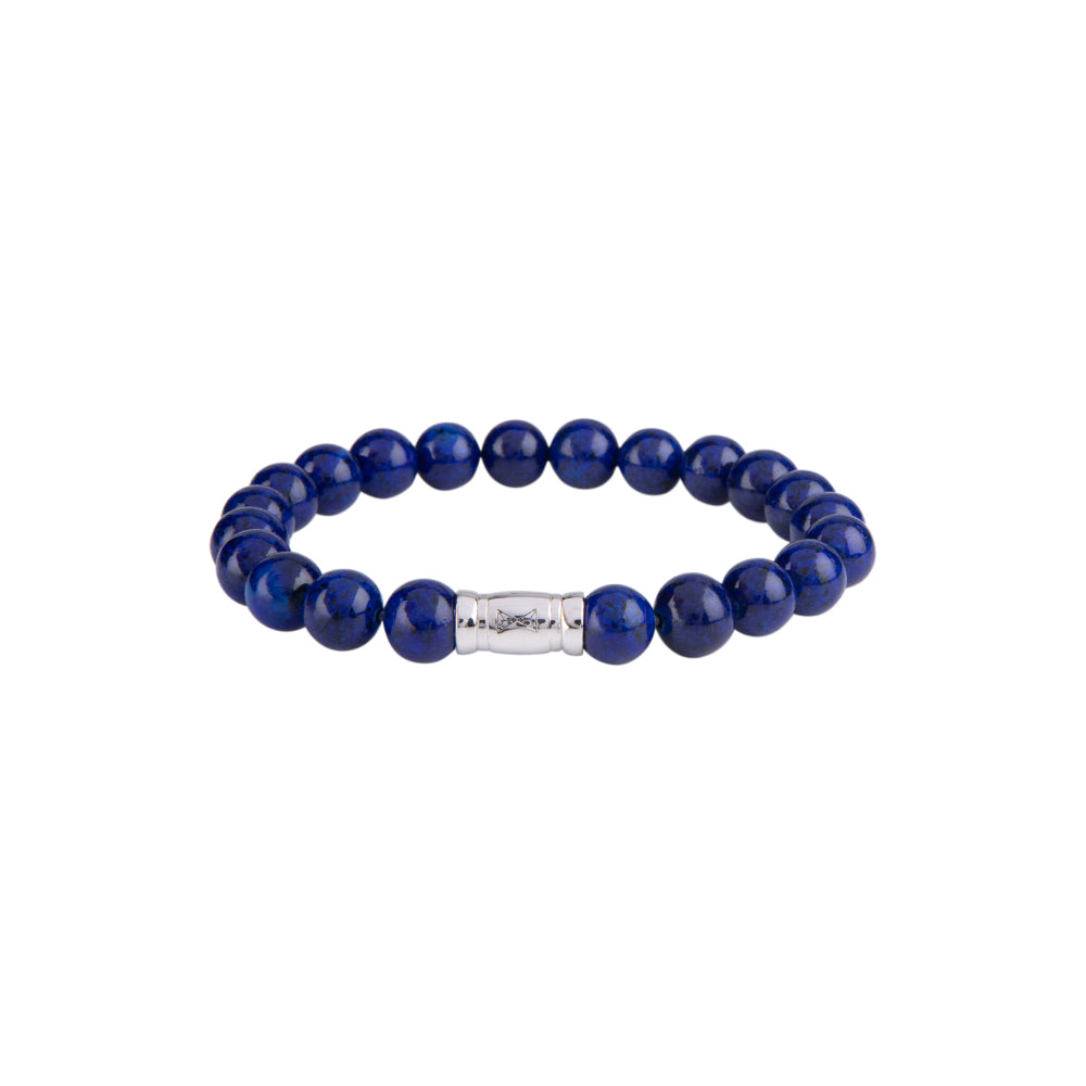 Blauwe armband van 8 mm met glanzende kralen en een zilveren tussenstuk.