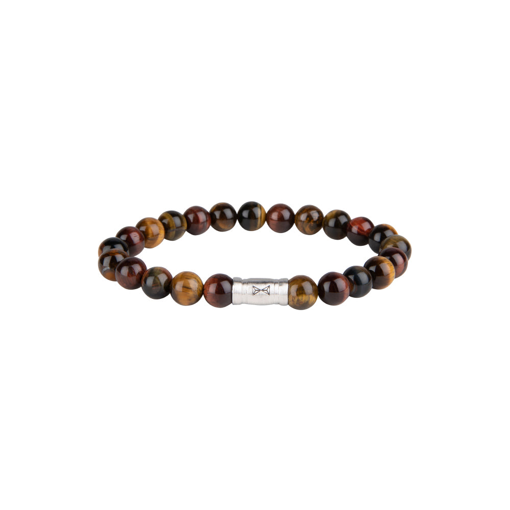 Armband van 8 mm edelstenen in bruin- en zwarttinten met een zilveren tussenstuk.