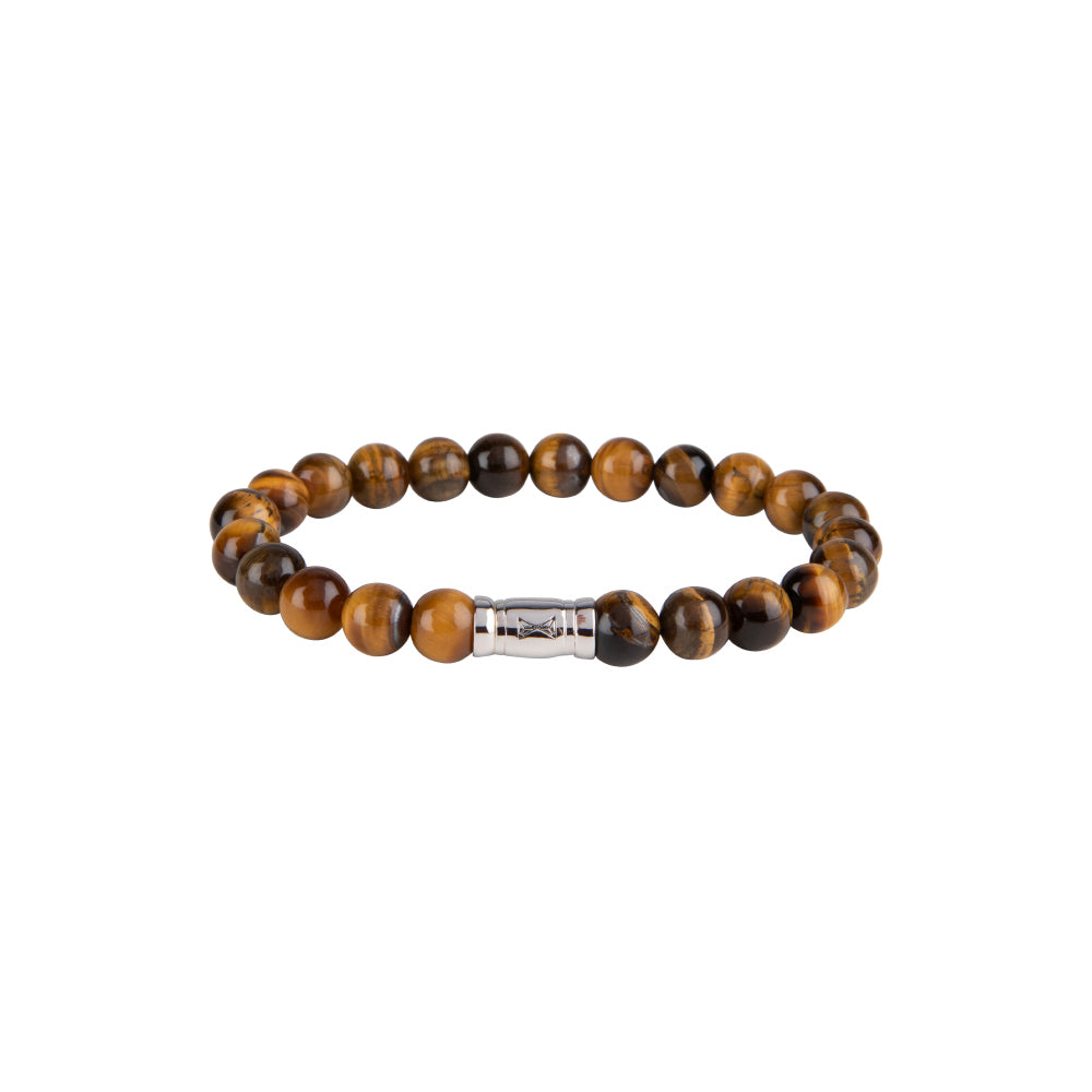 Kralen armband voor heren met 8mm tijgeroogstenen en een zilveren tussenstuk.