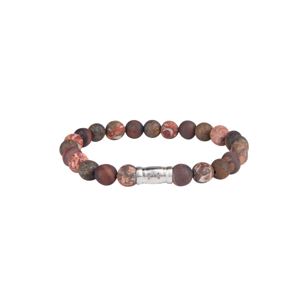 Kralenarmband van 8 mm met een mix van aardetinten en een zilveren tussenstuk.