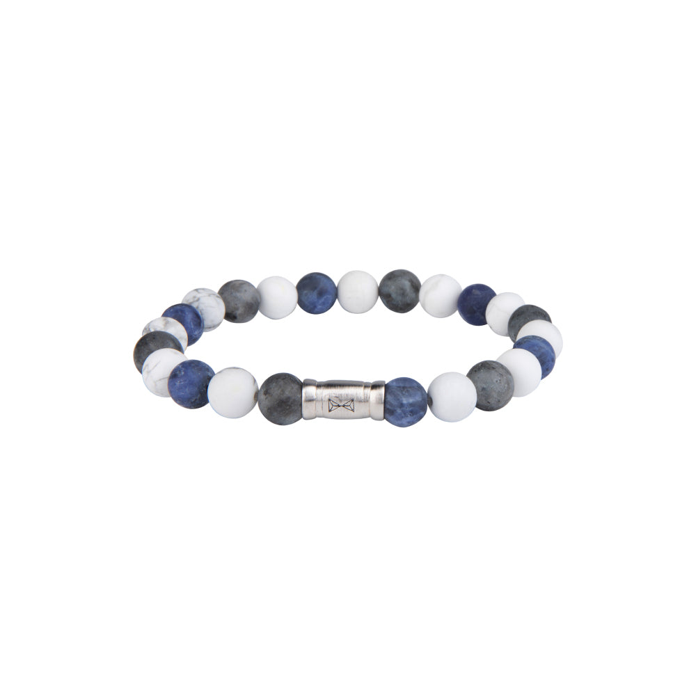 Kralen armband met 8mm gekleurde stenen in blauw, wit en grijs, afgewerkt met een zilveren tussenstuk.