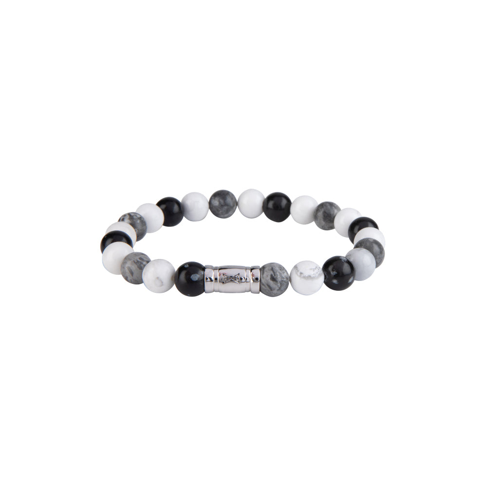 Kralenarmband van 8 mm met zwart, wit en grijs marmer, afgewerkt met een zilveren tussenstuk.