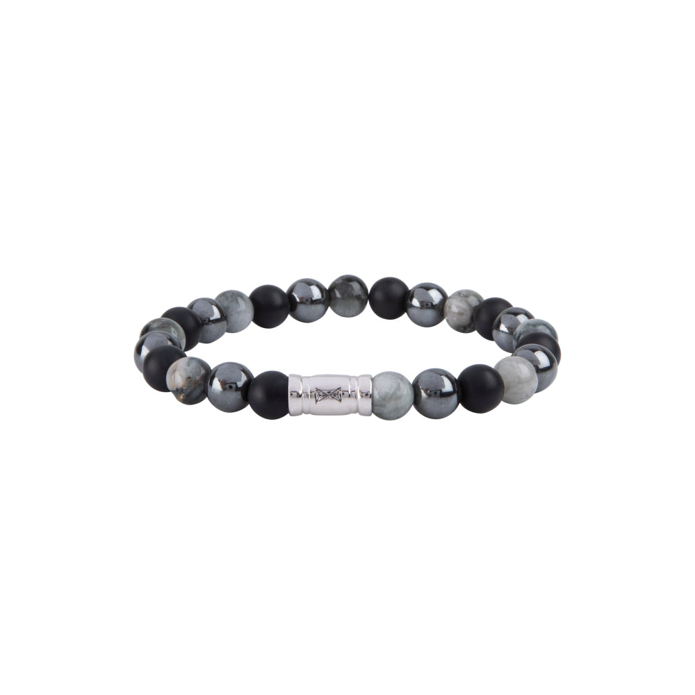 Kralen armband voor heren met 8mm grijze en zwarte stenen, afgewerkt met een zilveren tussenstuk.