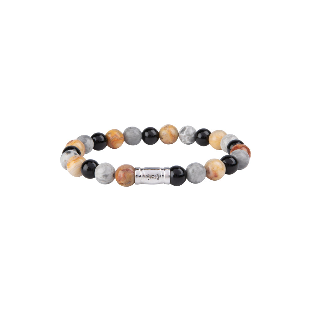 Kralen armband voor heren met 8mm stenen in aardetinten en zwarte accenten, afgewerkt met een zilveren tussenstuk.