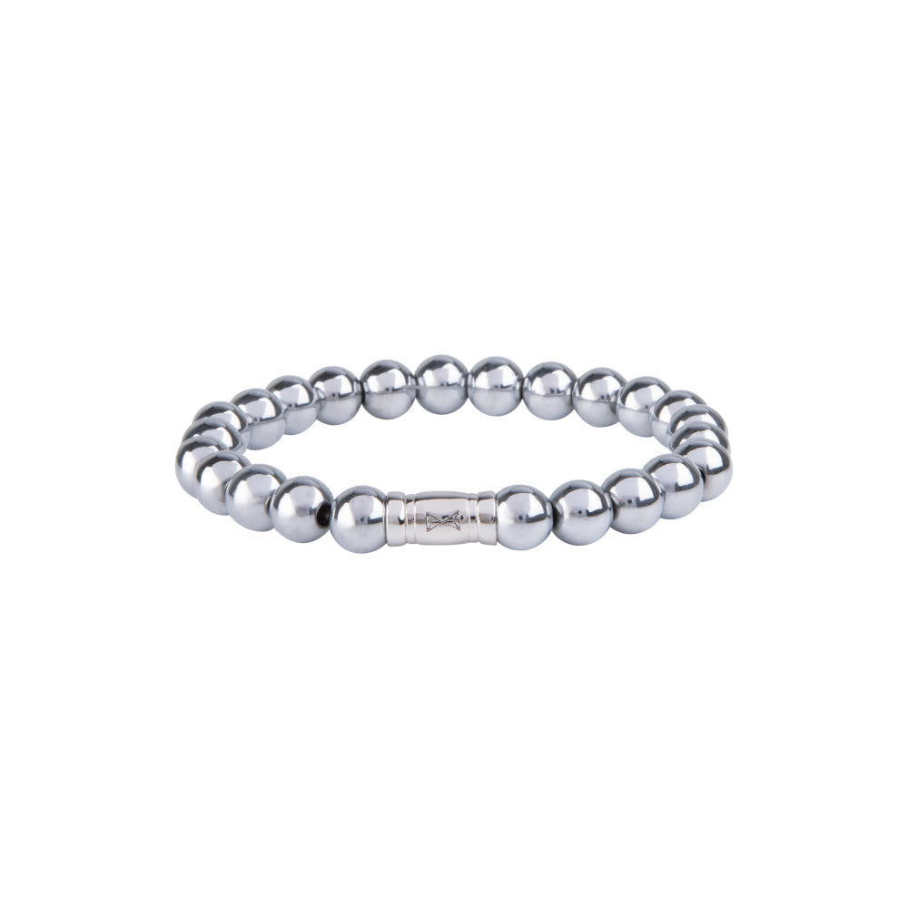 Zilveren armband van 8 mm met ronde, glanzende kralen en een gestempeld middenstuk.