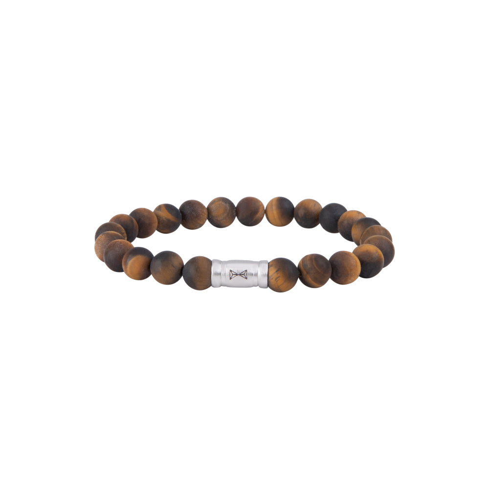 De AZE Jewels Kralen armband heren - Grand Teton Matt heeft 8mm bruine tijgeroog kralen en een zilveren cilindervormige sluiting gegraveerd met een subtiel design. Deze edelstenen armband straalt elegantie uit, waardoor hij perfect is voor elke gelegenheid.