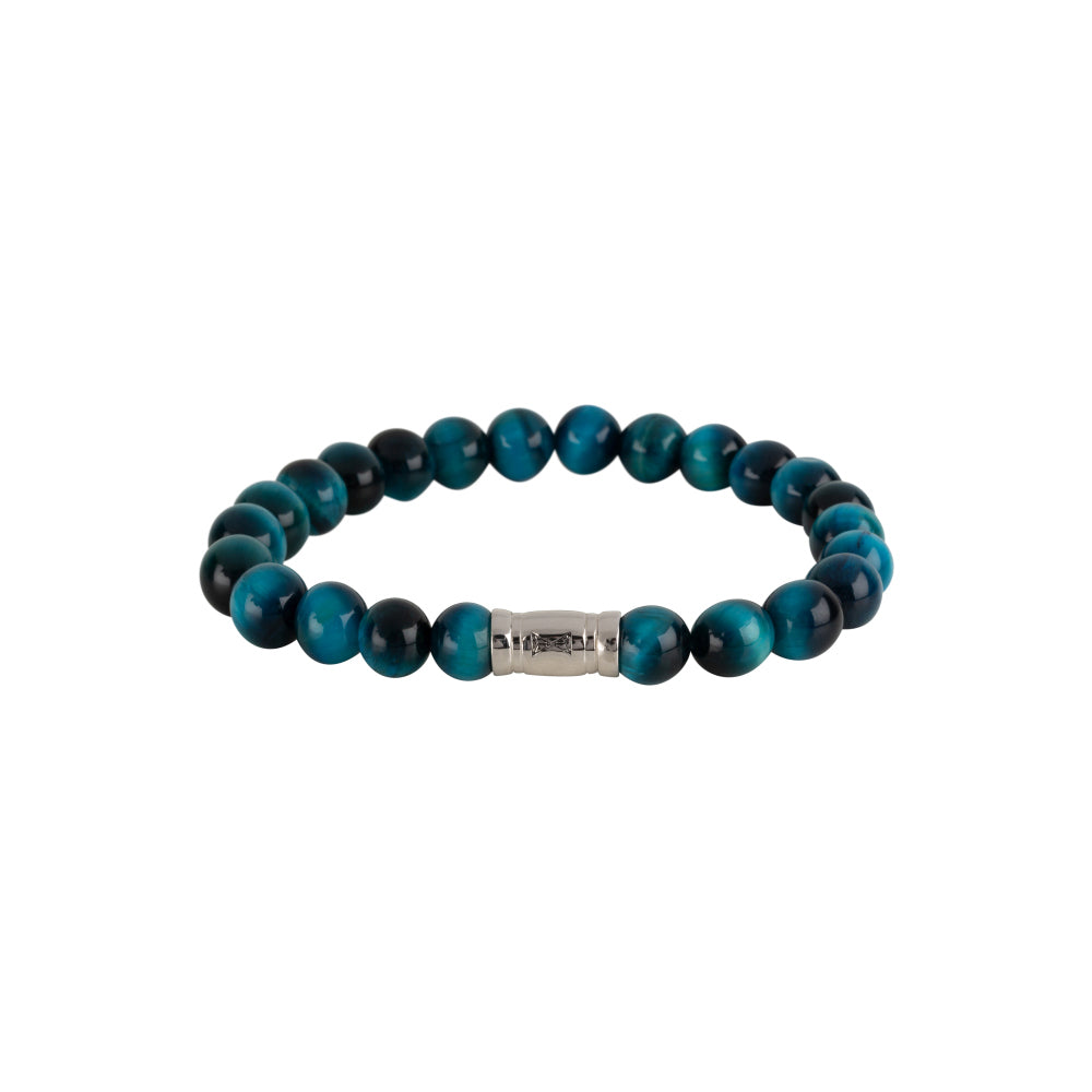 Kralen armband voor heren met 8 mm azuriet-kralen in blauwgroene tinten en een zilveren tussenstuk.