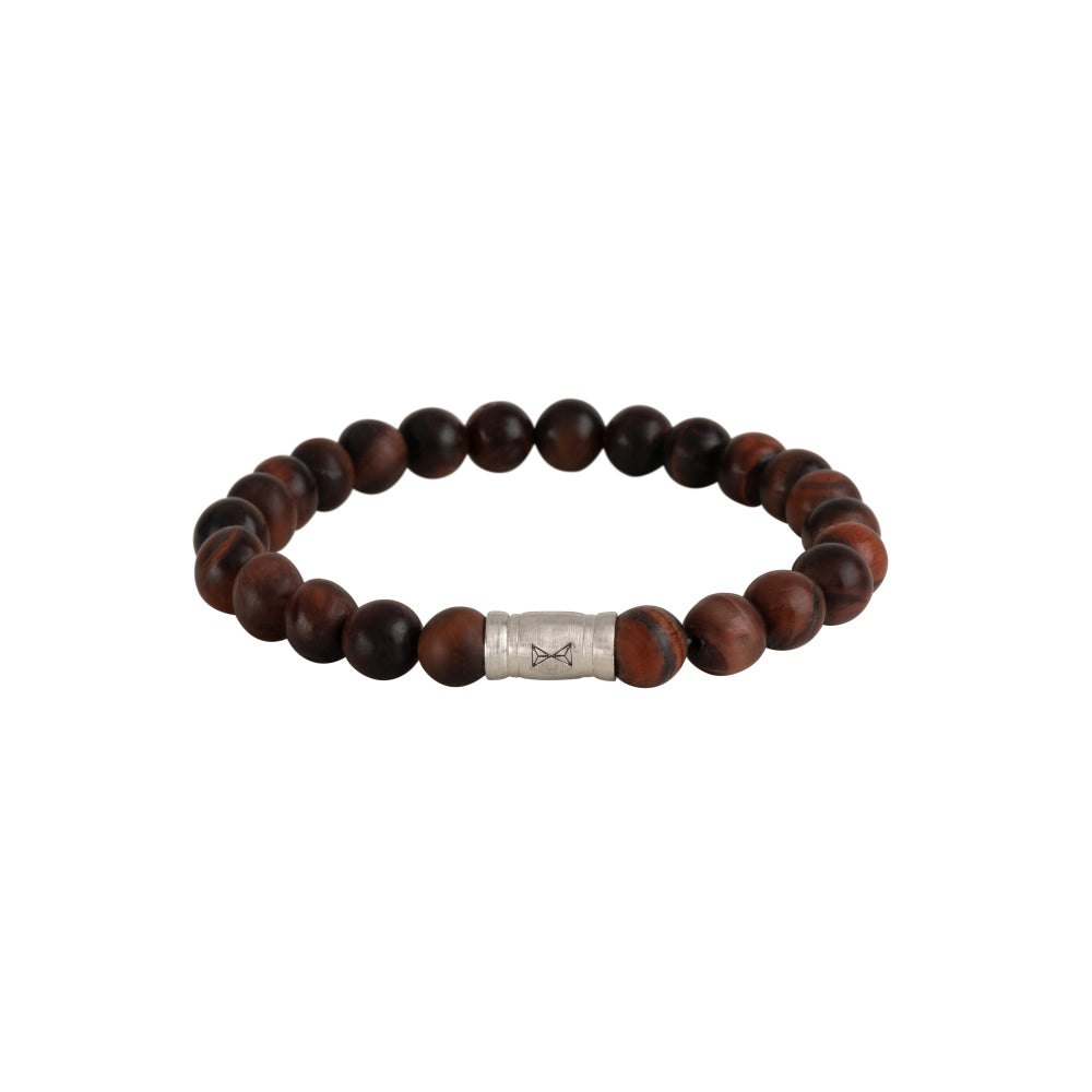 Kralen armband voor heren met 8 mm donkere houten kralen en een zilverkleurige tussenstuk.