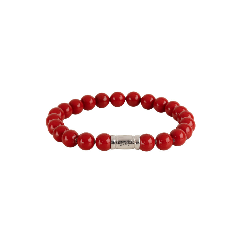 Kralen armband van 8 mm met rode stenen en een zilveren tussenstuk.