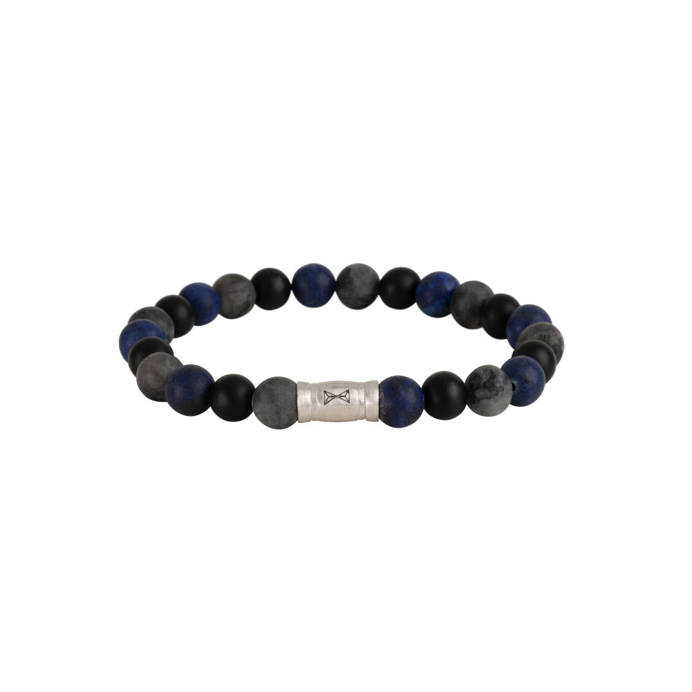 Kralen armband voor heren met 8mm zwarte, grijze en blauwe stenen en een zilverkleurige tussenstuk.